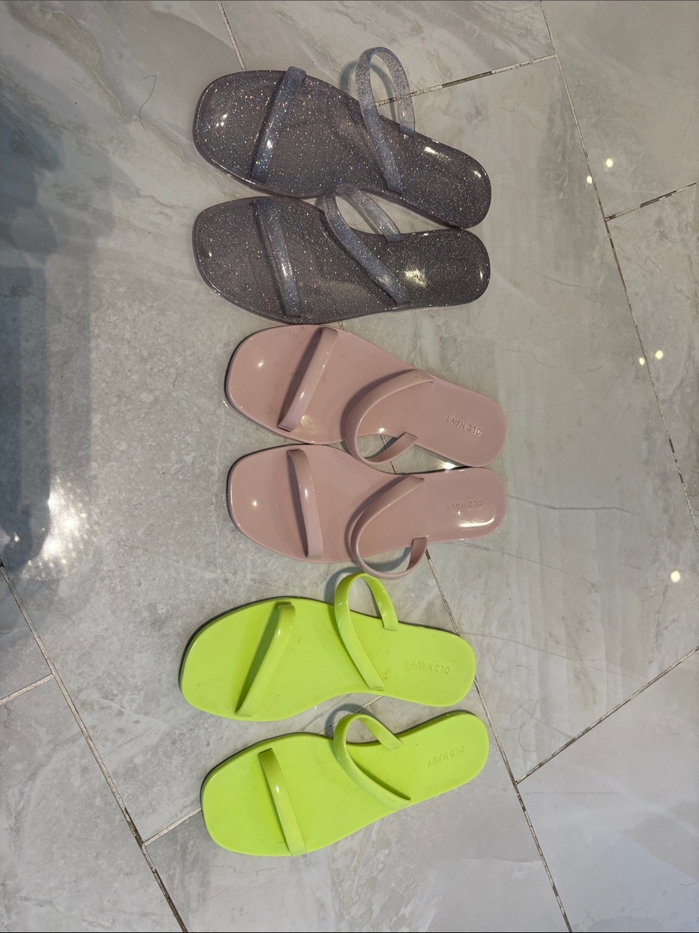 Old Navy Women's Glitter Silver, Blush Pink, and Neon Yellow Slide Sandals